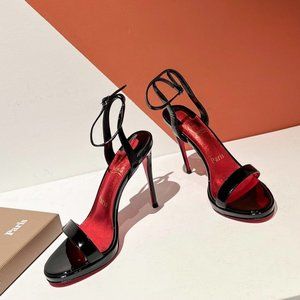 Authentic Christian Louboutin Loubi Queen Ankle Strap Black Patent Sandals